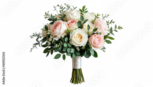 Elegant bridal bouquet of roses, peonies, and eucalyptus on white background.
