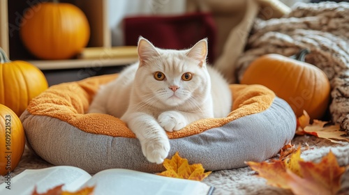 Cozy Cat Resting on a Bed Surrounded by Pumpkins and Autumn Leaves in a Warm ...