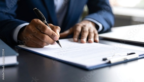 Close-up of a person signing a document.  Hands in dark suit, pen, clipboard, papers.  Business signing