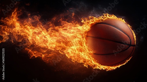 Basketball Engulfed in Flames During Dynamic Action Shot at Night.