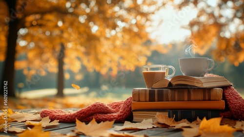 Cozy Autumn Setting With Warm Drink, Leaves, and Reading Materials in Park.