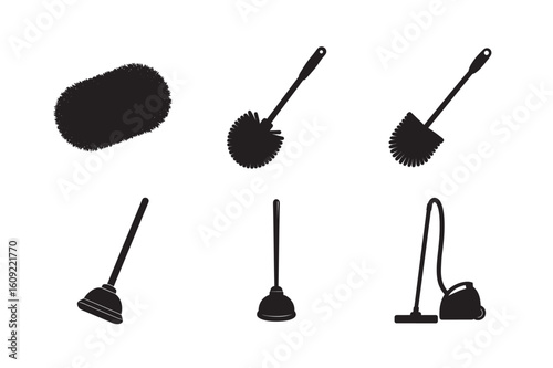 silhouette of tools for cleaning supplies set bundle on the white background