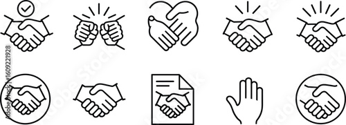 Handshake and trust gesture icons set—agreement, partnership, solidarity, and support symbols for business collaboration, ethical commitment, and professional integrity visuals