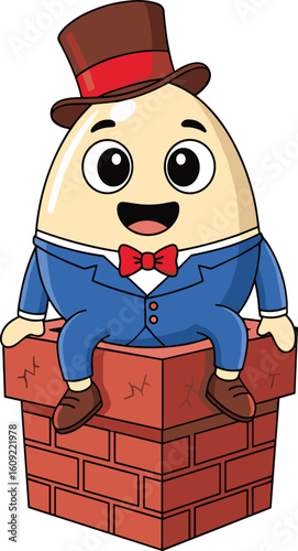 Humpty Dumpty cartoon vector with top hat, suit, smiling egg character on chimney, fairytale-inspired mascot illustration for children’s book, education, or entertainment use
