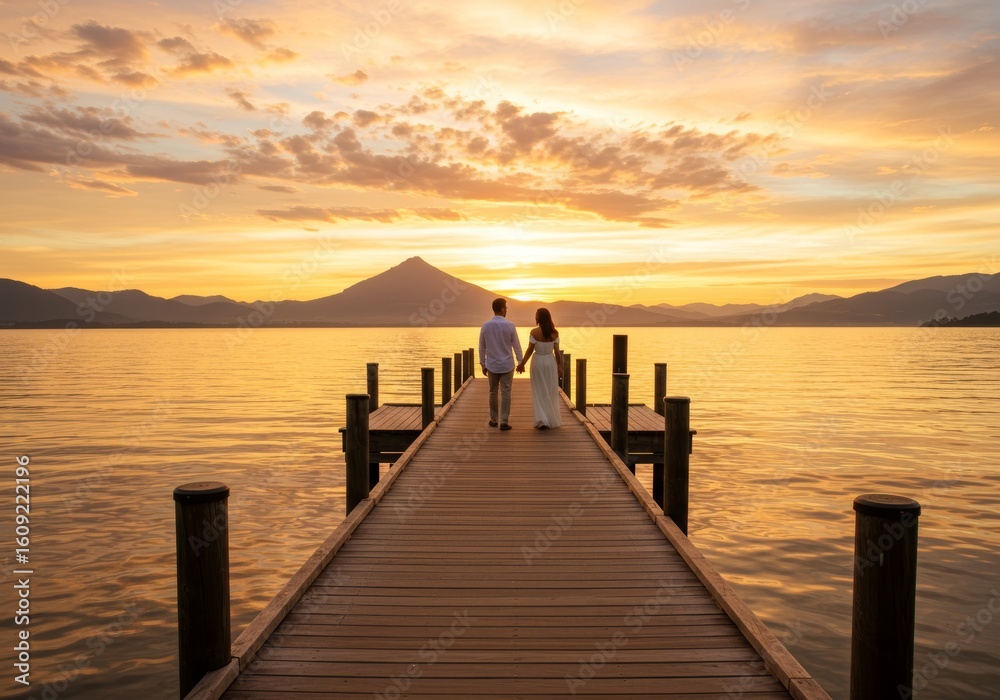 Fototapeta premium Couple Walking on Wooden Dock at Sunset