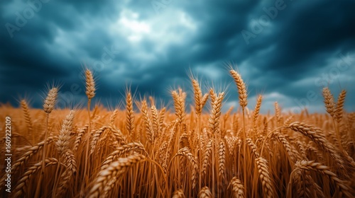 Golden Wheat Field Under Dramatic Cloudy Sky in Late Afternoon Light