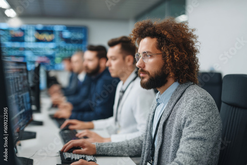 team of cybersecurity specialists analyzing data on screens focused on preventing cyberattacks