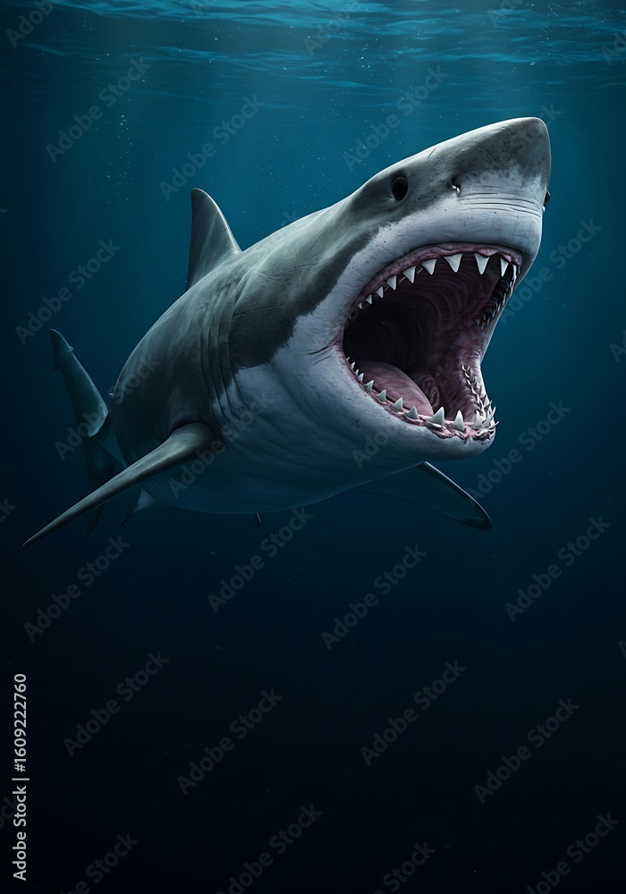 Naklejka premium Great white shark with open mouth underwater