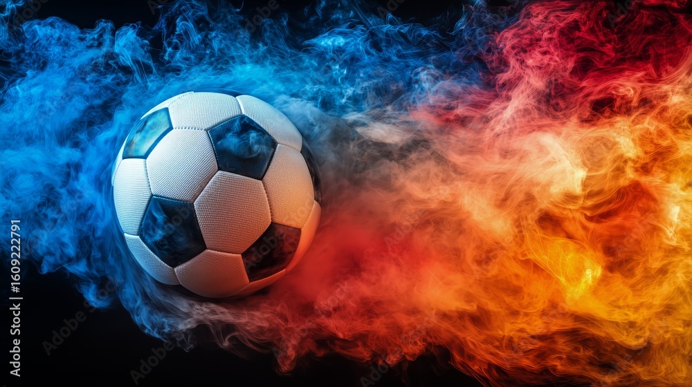 Fototapeta premium Vibrant Soccer Ball Emerging From Colorful Smoke in Dynamic Motion.