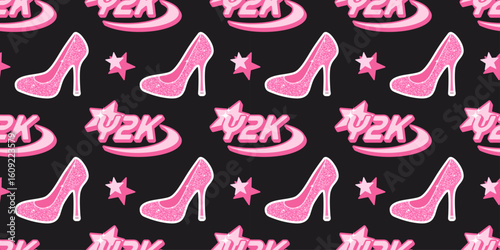 Seamless pattern with pink glitter high heels, stars, and Y2K text elements on a black background. Trendy nostalgic style inspired by early 2000s fashion. Perfect for fabric, wrapping, or stationery.
