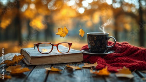 Cozy Autumn Setting With Warm Drink, Leaves, and Reading Materials in Park