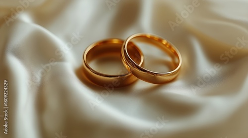 Golden Wedding Rings on Silky Fabric Convey Love and Commitment in an Intimat...