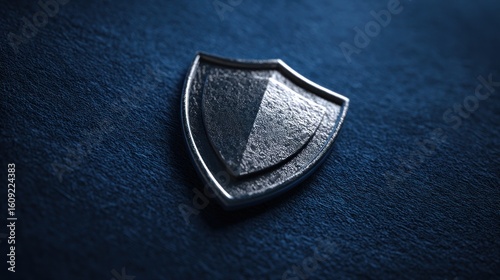Metallic shield symbol on dark blue textured surface