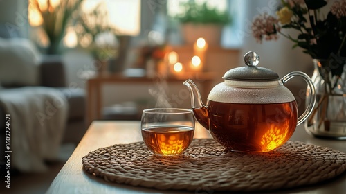 Warm Tea Brewing in Cozy Indoor Setting With Candles and Flowers at Evening