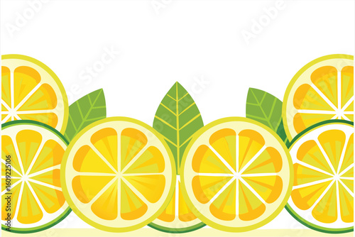 Vibrant border of fresh lemon slices and green leaves creates a refreshing citrus pattern against a clean white background