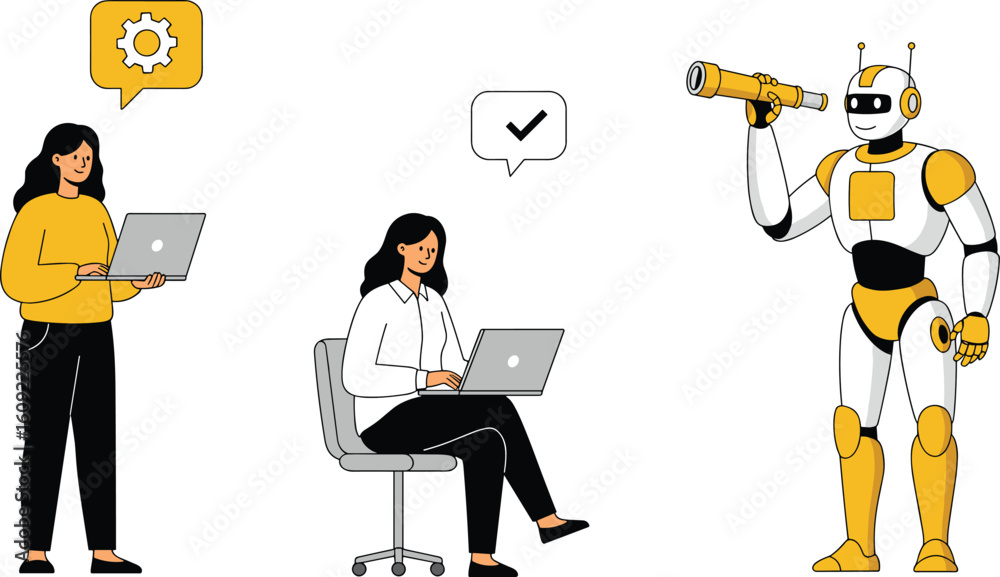 Fototapeta premium Women Working with AI Robot for Future Technology, Automation, Innovation, and Digital Solutions – Modern Flat Vector Illustration