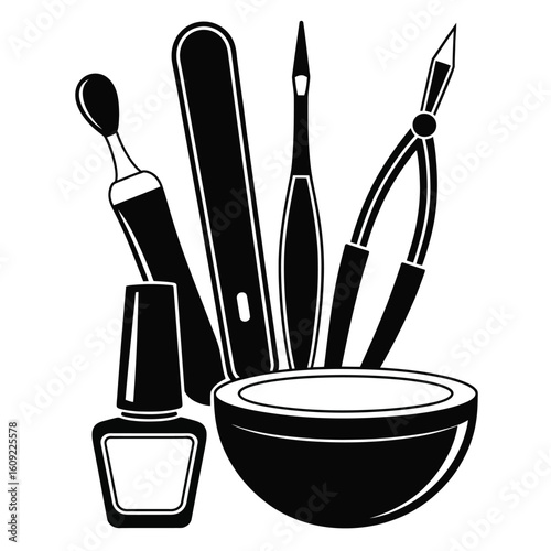 Black and white manicure and nail care tools bundle with polish, file, buffer block, cuticle pusher, trimmer, and finger bowl
