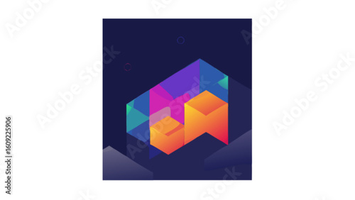 Isometric view of a colorful abstract geometric shape with overlapping translucent planes and solid blocks