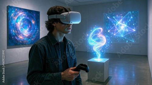 Museum visitor wearing virtual reality headset and holding controllers is enjoying interactive digital art exhibition, exploring immersive and futuristic art installations