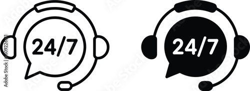 customer support headset icons with speech bubbles—outlined and filled black symbols for technical assistance, helpline, or call center services