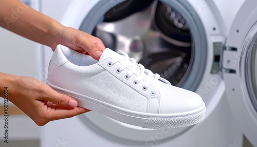 Cleaning Stylish White Sneakers in Modern Washing Machine