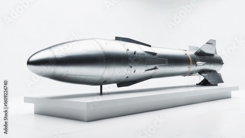 Sleek metallic missile displayed on a white platform against a white backdrop