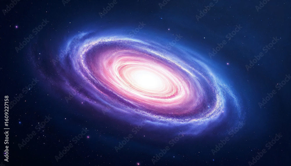 Fototapeta premium Digital painting of a spiral galaxy with pink-purple clouds on a starry dark blue backdrop. 