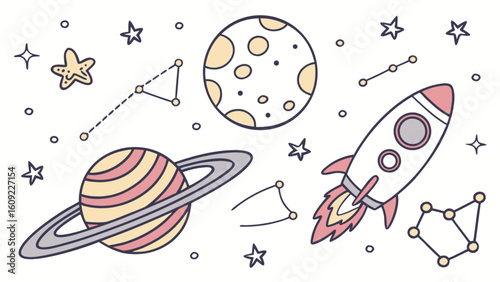 Illustration of a rocket, saturn, moon, stars, and constellations in a space theme with pink and yellow