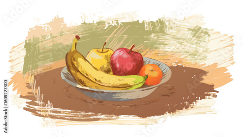 A colorful still life of a banana, two apples, and an orange arranged in a bowl on a brown surface