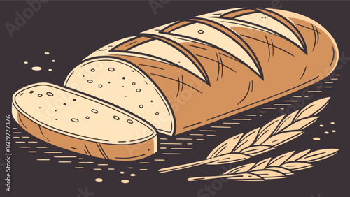 A loaf of sliced bread with wheat stalks on a dark background in a cartoon vector illustration
