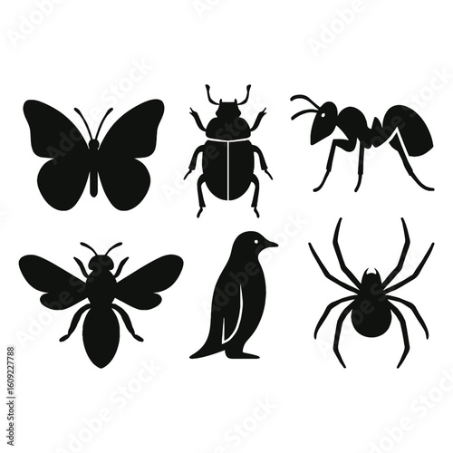 Insect and bug silhouette icon pack including butterfly, beetle, ant, bee, and spider