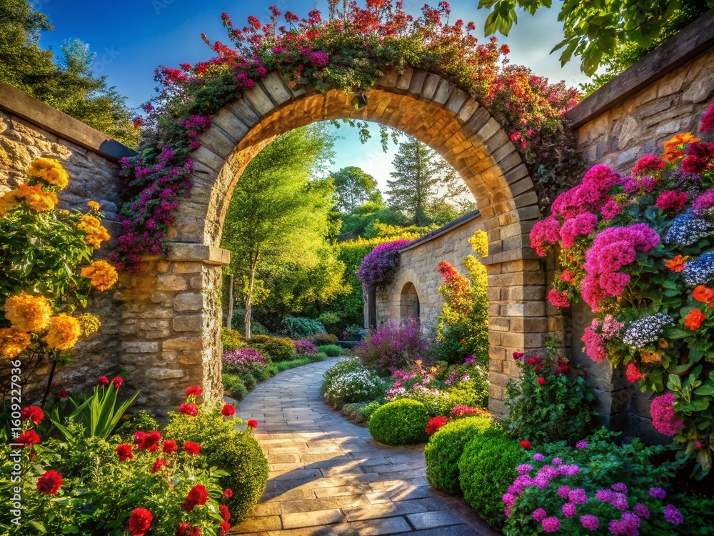 Obraz premium Environmental Harmony: Garden Archway with Vibrant Blooms and Dappled Sunlight
