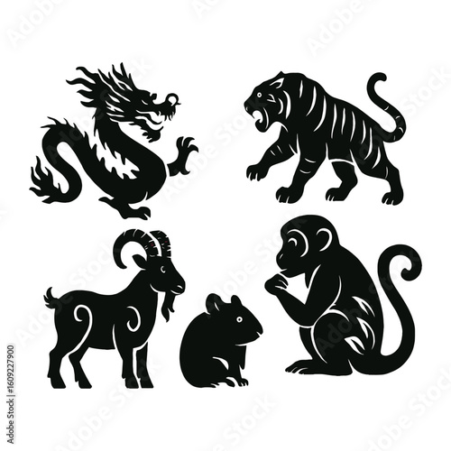 Set of 5 zodiac animal icons vector