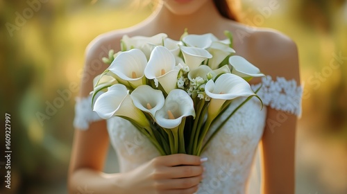 Elegant Bride Holding a Bouquet of White Calla Lilies and Greenery Indoors Du...