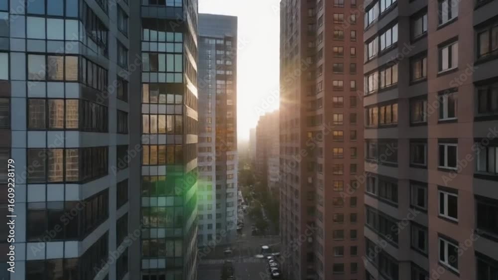 A narrow city street between tall buildings is illuminated by bright morning sunlight
