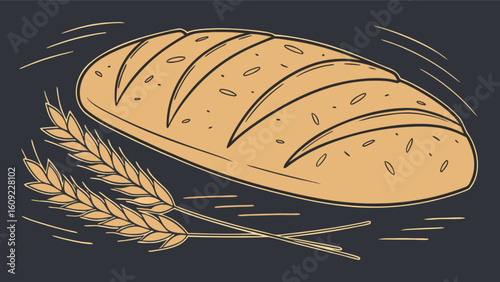 Illustration of a loaf of bread with wheat stalks on a dark background with motion lines around it