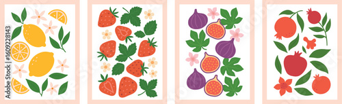 Collection of abstract fruit poster. Contemporary art print with hand drawn strawberry, lemon, peach and orange. Trendy design for wall decor, postcard, cover, packaging, t shirt. 