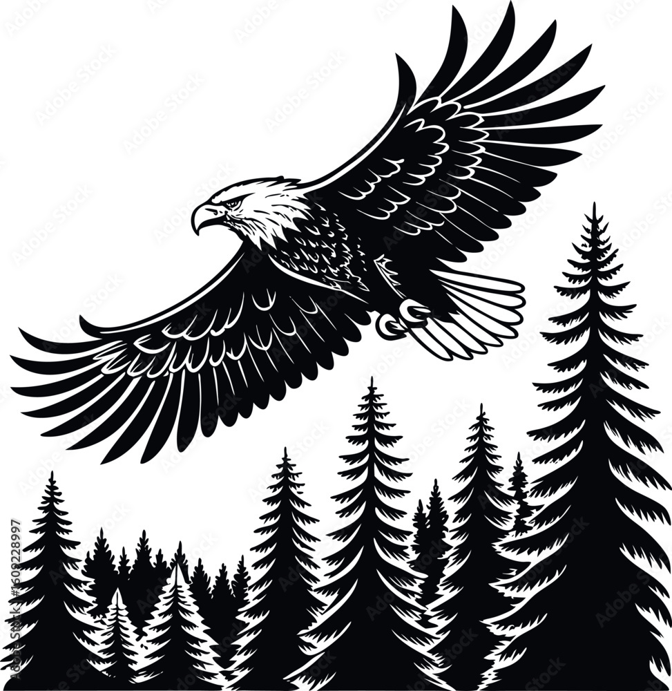 Fototapeta premium Eagle Soaring Above a Detailed Pine Forest Vector Illustration for Design