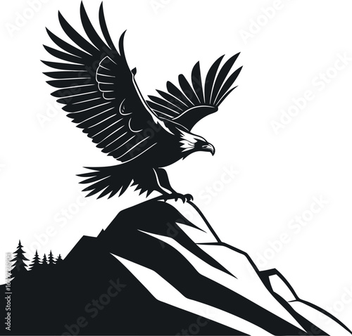 Eagle landing on rocky peak with wings raised high vector illustration