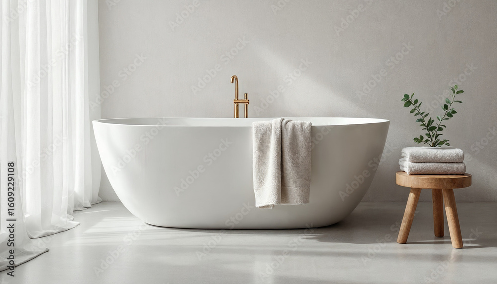 Fototapeta premium Minimalist bright bathroom with white freestanding tub, natural light, and neutral tones. 