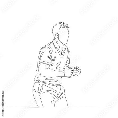 Line art illustration of a cricketer in mid-celebration, fists clenched in excitement after taking a wicket!