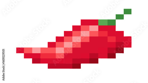 Pixelated red chili pepper with a green stem on a white background in an eight bit style image art