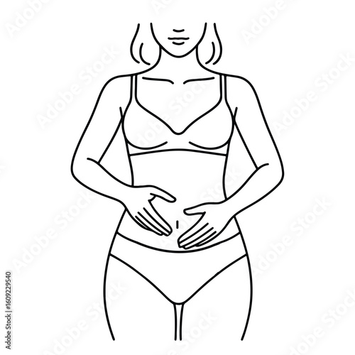  Stomach Detox Illustration. Female person, stomach and frame for digestion, detox, and cosmetic treatments or liposuction