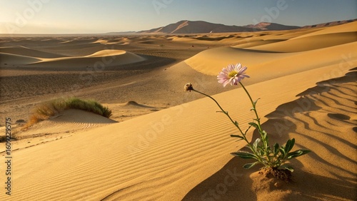 Fototapeta Naklejka Na Ścianę i Meble -  Warm golden sand dunes rise under a vast sky, stretching across a hot desert landscape