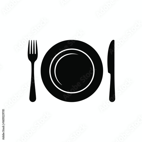 Simple black silhouette of a dinner plate with fork and knife