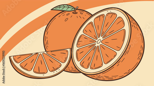 Illustration of whole and sliced oranges with a leaf against an orange and cream background