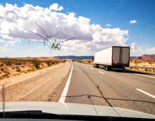 Broken windshield, highway view