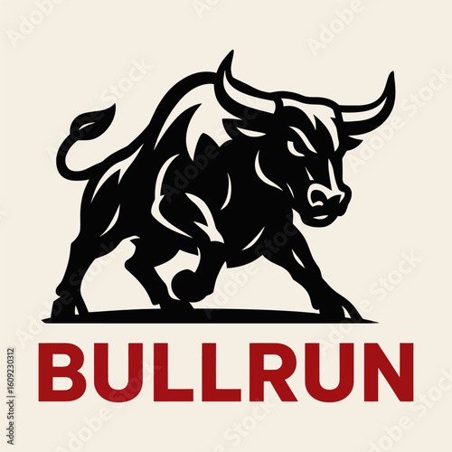 A bull is running with the word Bullrun written below it. The image has a bold and powerful feel to it, with the bull's muscular build and the red and white colors of the text