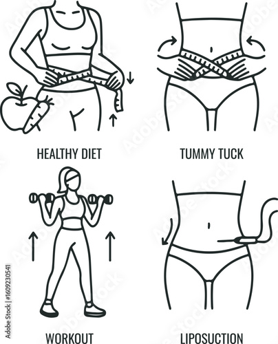 Healthy Diet, Workout, Tummy Tuck and Liposuction Icons