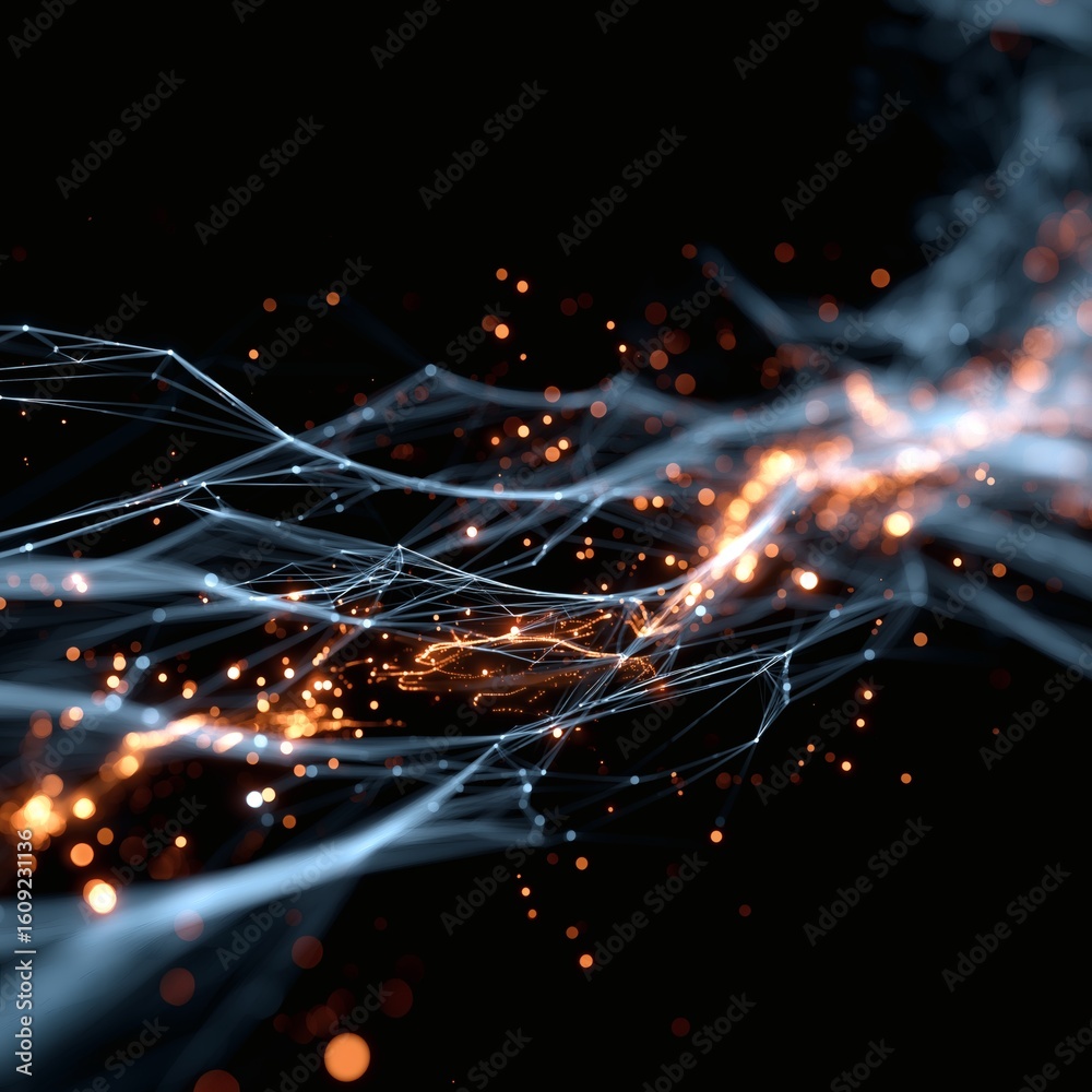 Obraz premium Abstract Network Connection: Lines, Nodes, and Sparkles on Black Backdrop